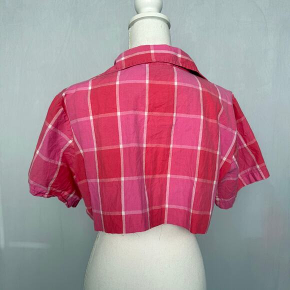 Upcycled Vintage Citicraze Pink Plaid Cropped Button Up Shirt, Size Large - Picture 4 of 8